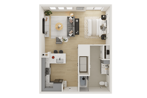 A top-down view of a small, neatly organized apartment.